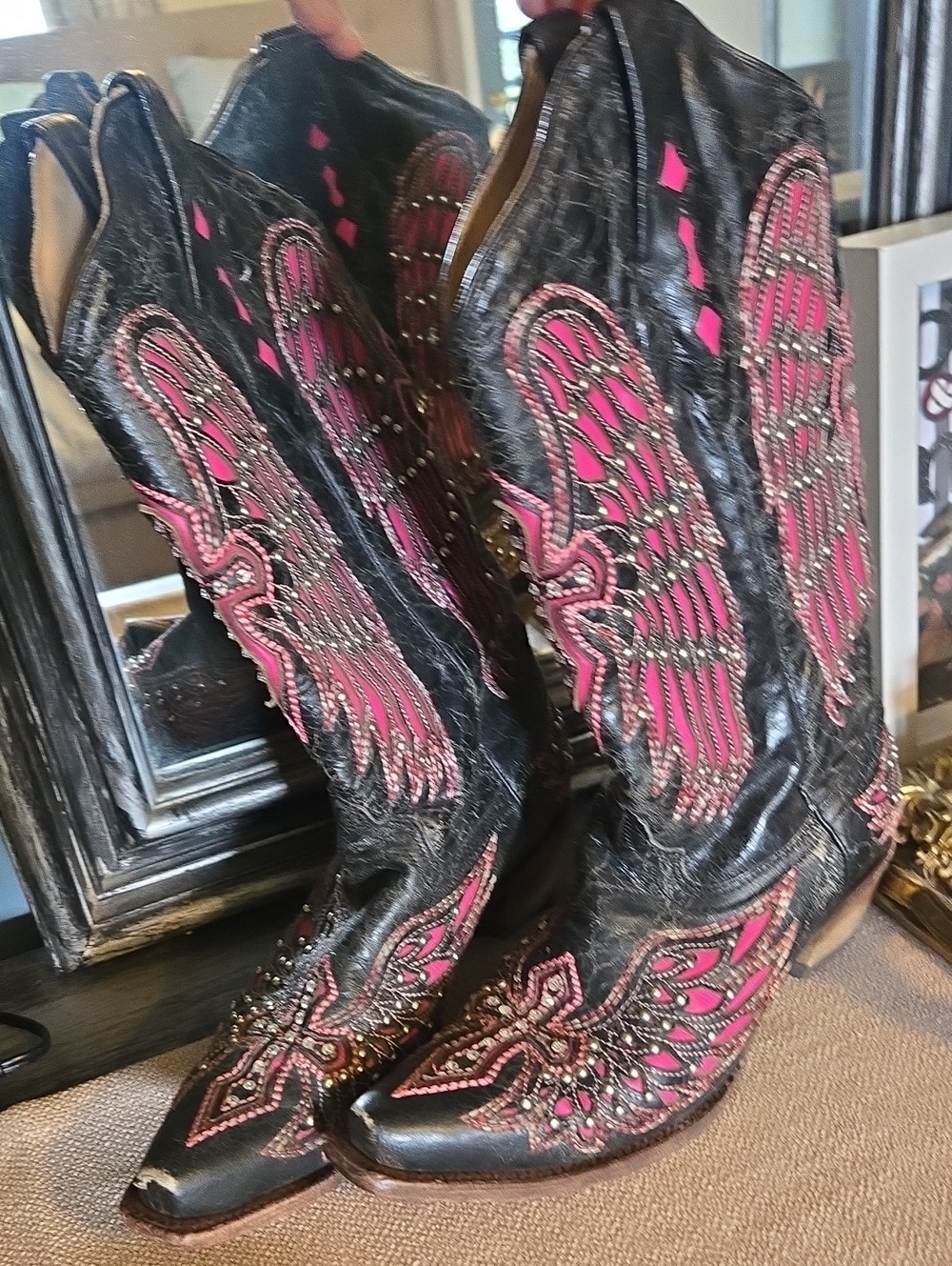 Corral Black Cowboy Boots with Pink Wing Embroidery